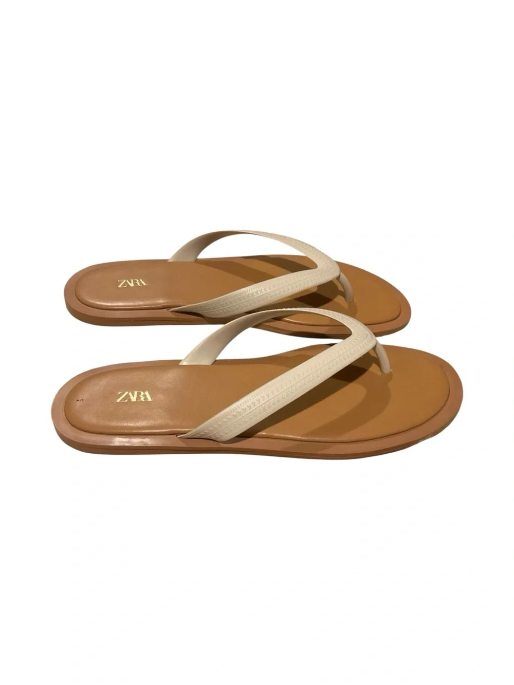 Zara Cream Strap Tan Footbed Flip Sandals - Picture 2 of 10